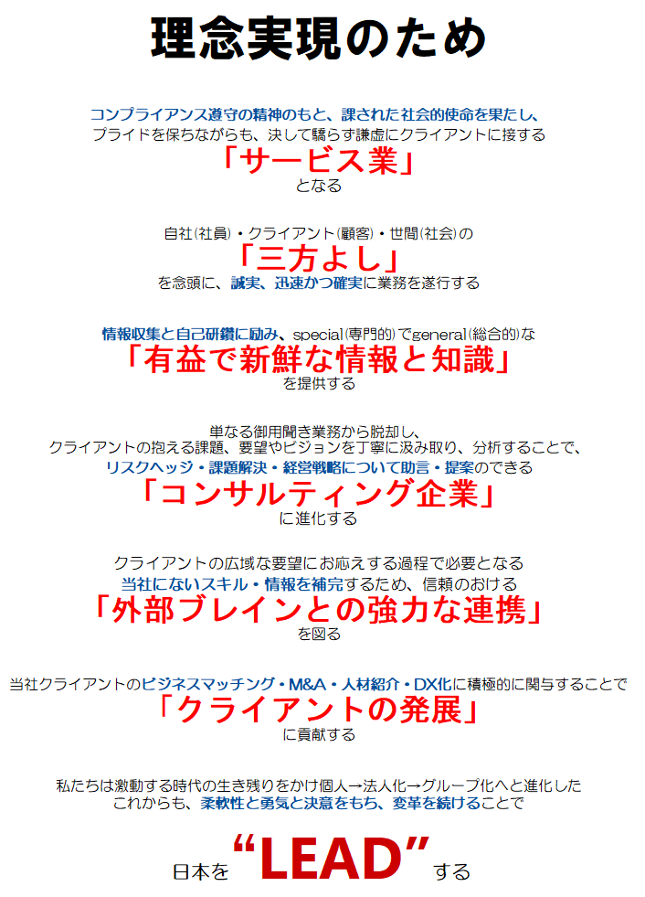 理念実現のため、コンプライアンス遵守の精神のもと社会的使命を果たし、謙虚にクライアントに接するサービス業となる。自社・クライアント・社会の「三方よし」を念頭に、誠実・迅速・確実に業務を遂行する。情報収集と自己研鑽に励み、専門的かつ総合的な有益で新鮮な情報と知識を提供する。単なる御用聞き業務から脱却し、課題分析を通じてリスクヘッジ・課題解決・経営戦略を提案できるコンサルティング企業に進化する。外部ブレインとの強力な連携を図り、ビジネスマッチング・M&A・人材紹介・DX化を通じてクライアントの発展に貢献する。柔軟性と勇気と決意をもち変革を続け、日本をLEADする。