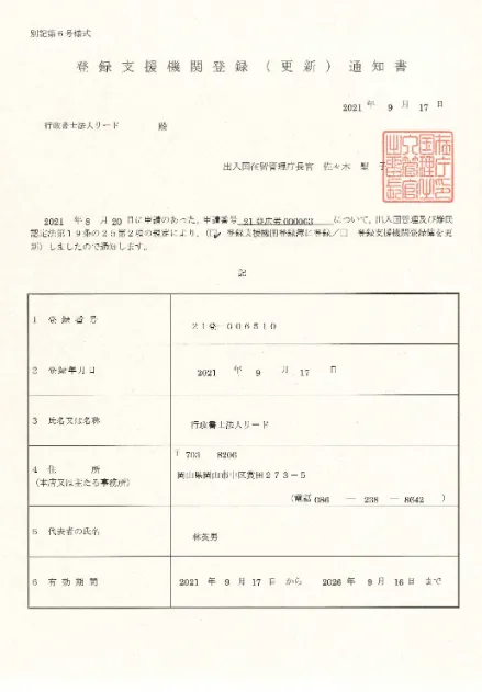登録支援機関登録通知書